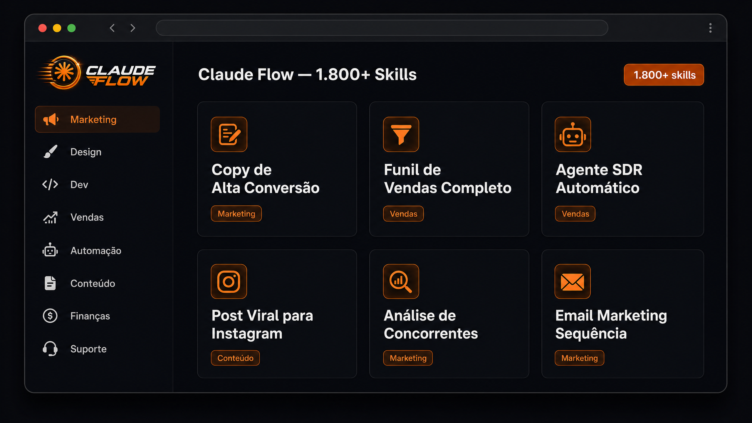 Interface do Claude Flow mostrando as 1.800+ skills organizadas por categoria